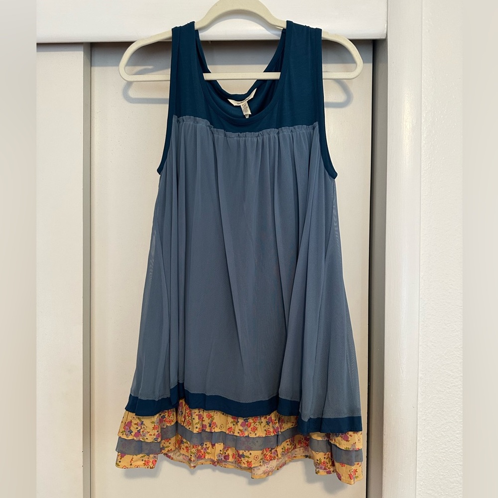 Matilda Jane Women’s Navy Sleeveless Top with Yellow Floral Ruffle trim